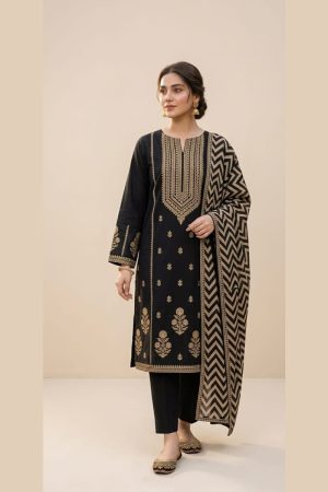 Black & Gold Embroidered Lawn 3-Piece Suit with Digital Shawl