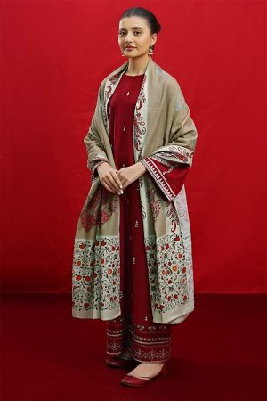Deep Red Embroidered Lawn 3-Piece Suit with Digital Shawl