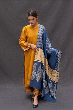 Mustard Embroidered Lawn 3-Piece Suit with Blue Digital Shawl
