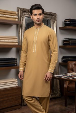Mustard Stitched 2-Piece Men's Embroidered Wash & Wear Suit