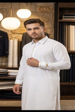 White & Gold Embroidered Men's 2-Piece Stitched Suit
