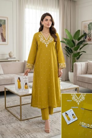 Mustard Yellow Embroidered 2-Piece Suit with White Work