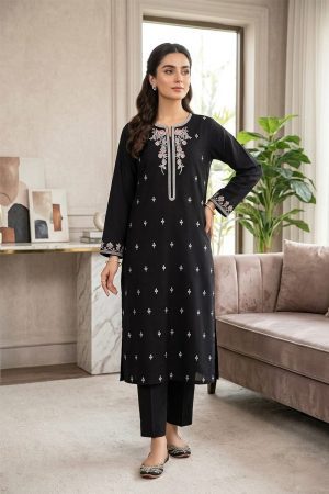 Black Embroidered 2-Piece Lawn Suit with Pink Floral Work