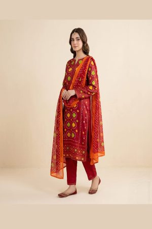 Red Chunri Print 3-Piece Unstitched Suit