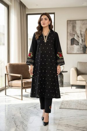 Black & Red Floral Embroidered 2-Piece Lawn Suit