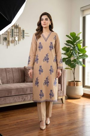 Camel & Blue Floral Embroidered 2-Piece Stitched Lawn Suit