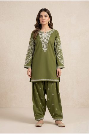 Olive Green White Embroidered 2-Piece Stitched Lawn Suit
