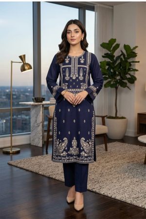 Navy Blue Cream Embroidered 2-Piece Stitched Lawn Suit