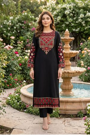 Premium Rust Stitched Suit with White Floral Embroidery