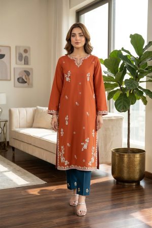 Rust Orange & Teal Embroidered 2-Piece Stitched Lawn Suit