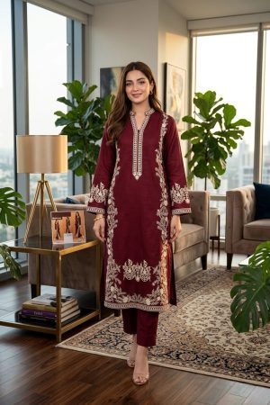 Maroon & Cream Embroidered 2-Piece Stitched Lawn Suit