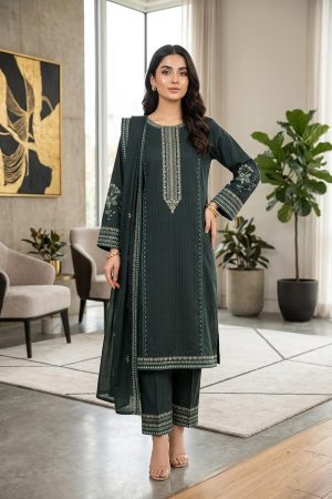 Bottle Green Embroidered 3-Piece Stitched Lawn Suit
