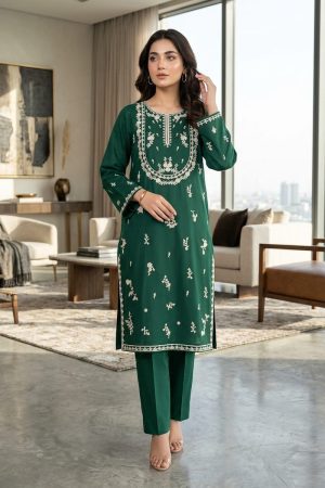 Emerald Green White Embroidered 2-Piece Stitched Lawn Suit