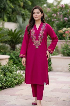 Magenta Pink Floral Embroidered 2-Piece Stitched Lawn Suit