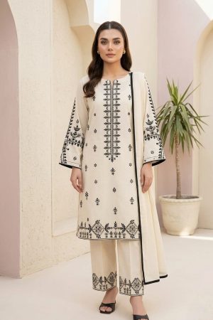 Cream & Black Embroidered 3-Piece Stitched Lawn Suit
