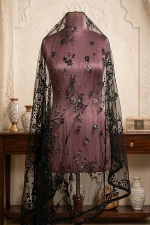 Premium Olive Brown Chiffon Dupatta with Gold Scalloped Borders