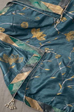 Premium Teal Silk Dupatta with Gold Floral Print