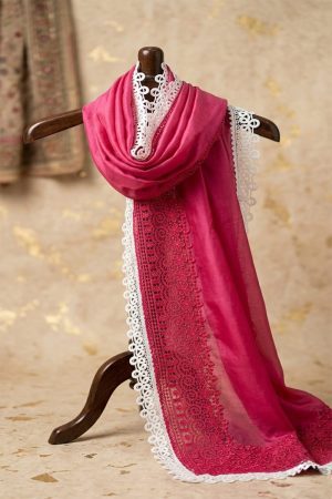 Magenta Pink Chiffon Dupatta with White Scalloped Lace