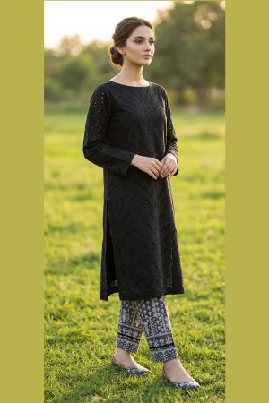 Black Chikankari Embroidered Shirt with Printed Trouser