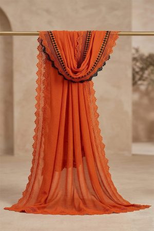 Burnt Orange Chiffon Dupatta with Black Geometric Lace