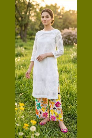 White Schiffli Embroidered 2-Piece Suit with Floral Trouser