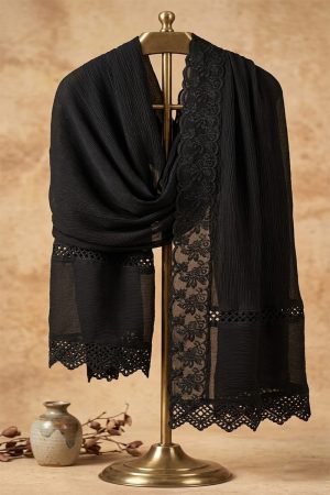 Premium Black Crinkle Chiffon Dupatta with Heavy Lace Border