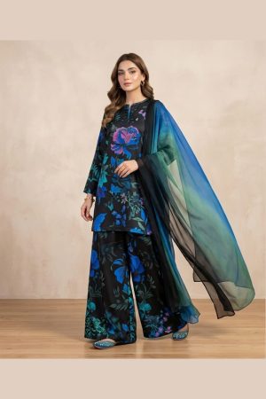 Black & Blue Bold Floral Printed 3-Piece Suit
