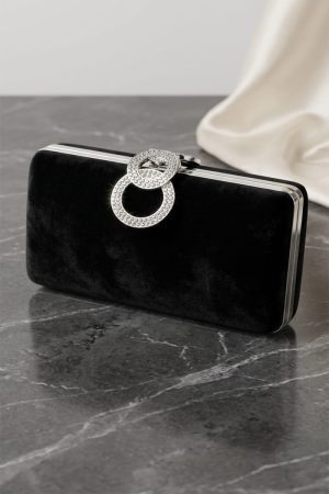 Luxury Black Velvet Evening Clutch with Crystal Clasp